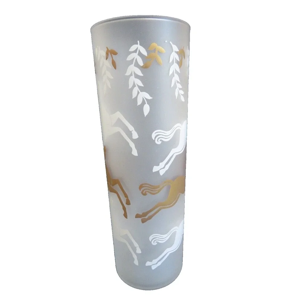 Vintage Libbey Cavalcade Frosted Glass w/ White & Gold Horses 2.5